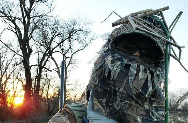 Holly's homemade ghillie mask and stubble hat