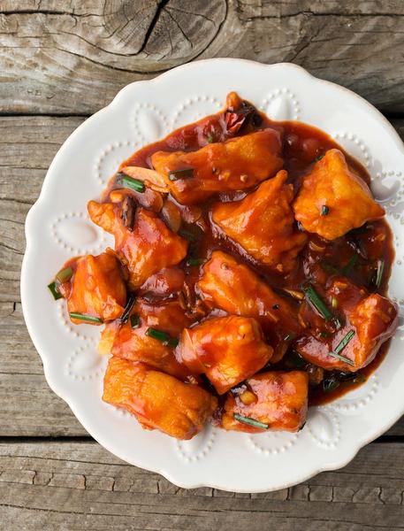 A plate of sweet and sour fish.