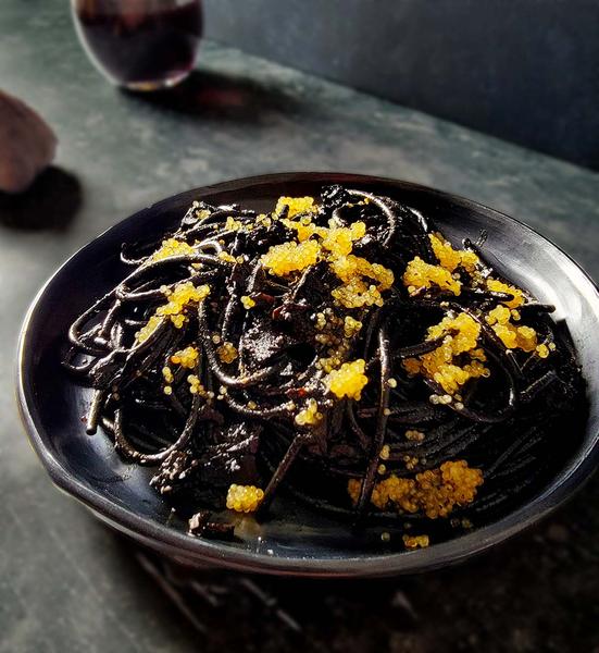 Winter solstice pasta, all in black, with whitefish caviar. 