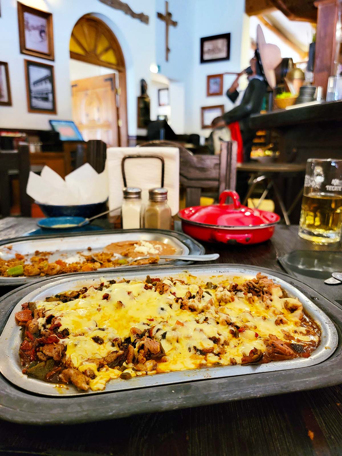 Platters of beef and cheese and chiles in Chihuahua. 
