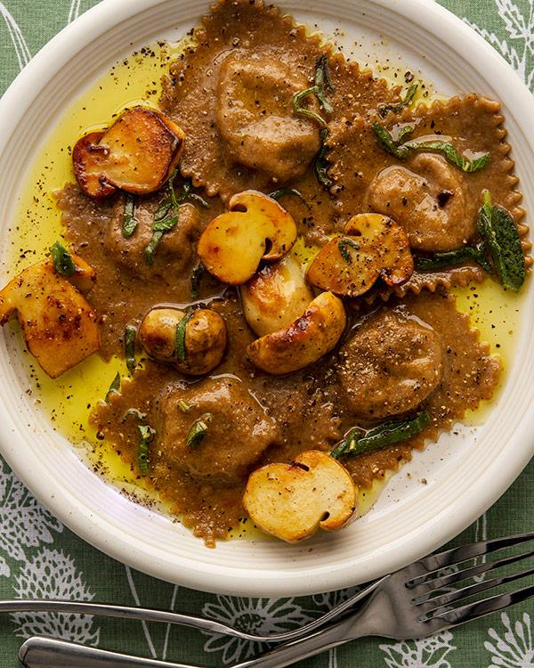 Mushroom ravioli on a plate. 
