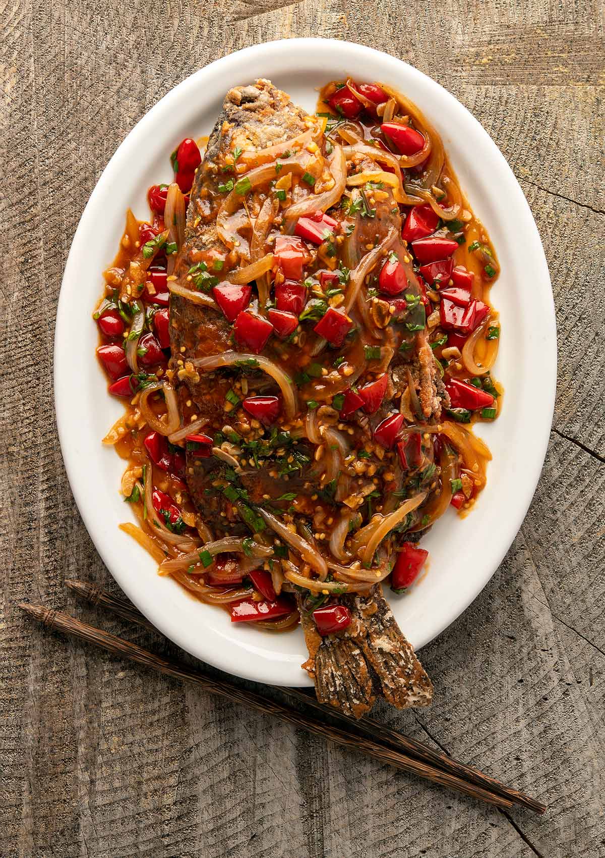 Crispy fried carp on a plate. 