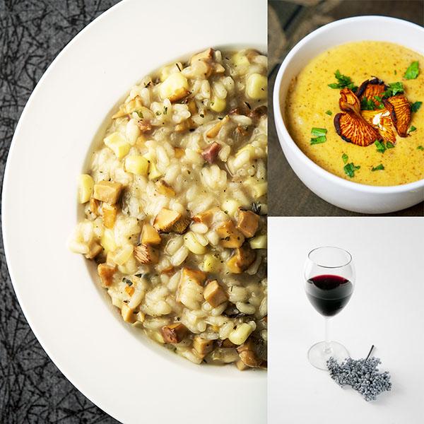 Chanterelle risotto, chanterelle soup, elderberry wine