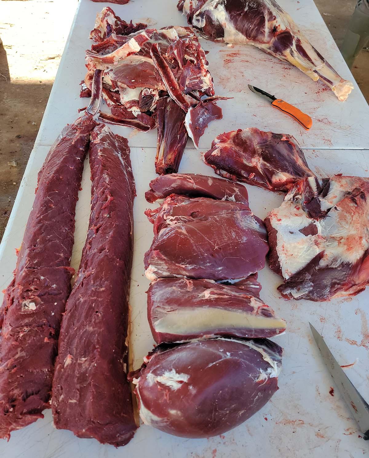 Roasts and steaks from a deer on a table. 