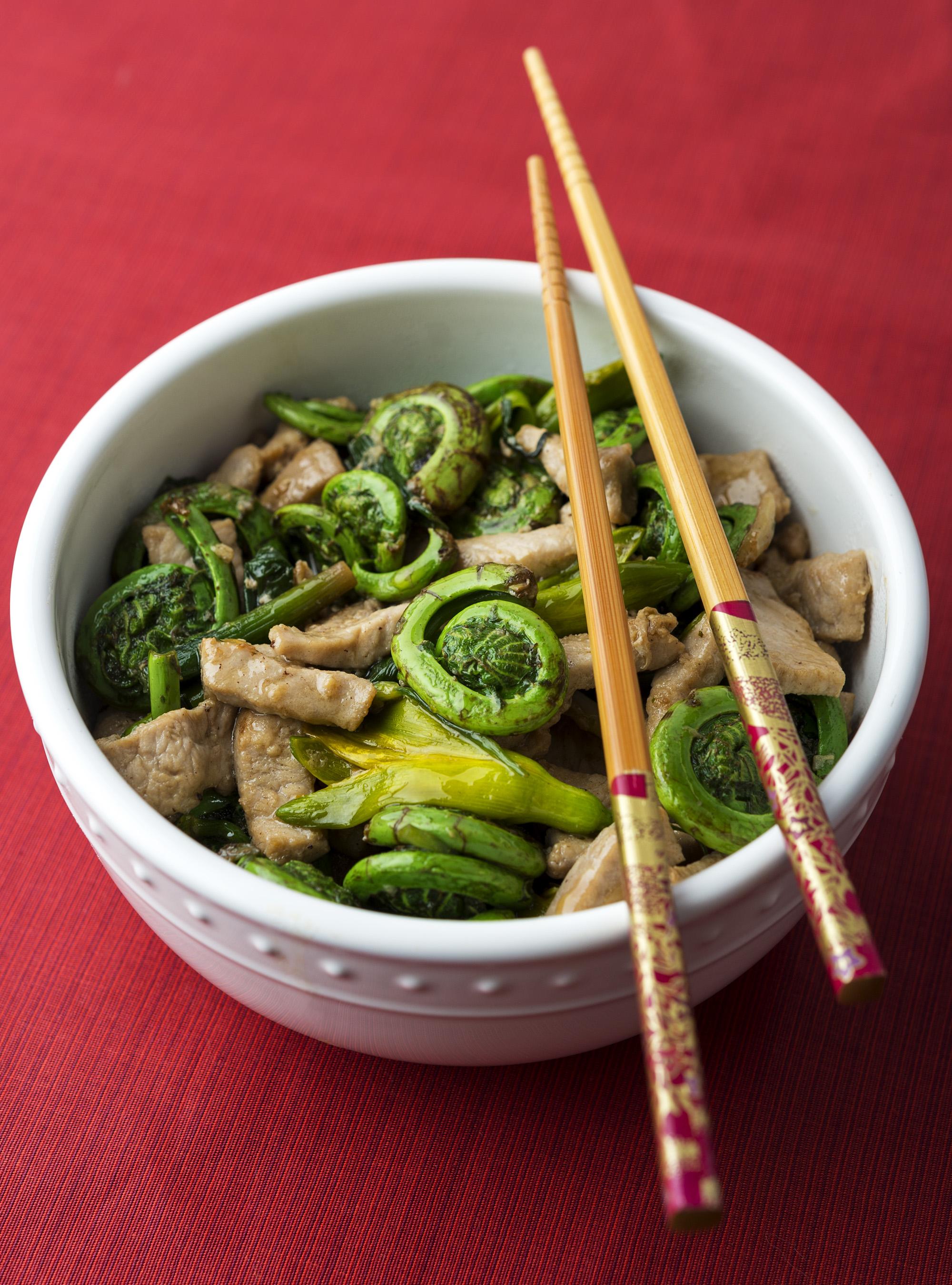 Fiddlehead stir fry with pork.