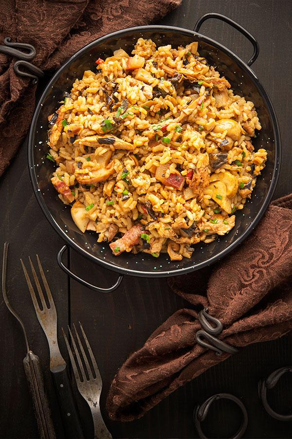 A platter of mushroom rice, Spanish style.