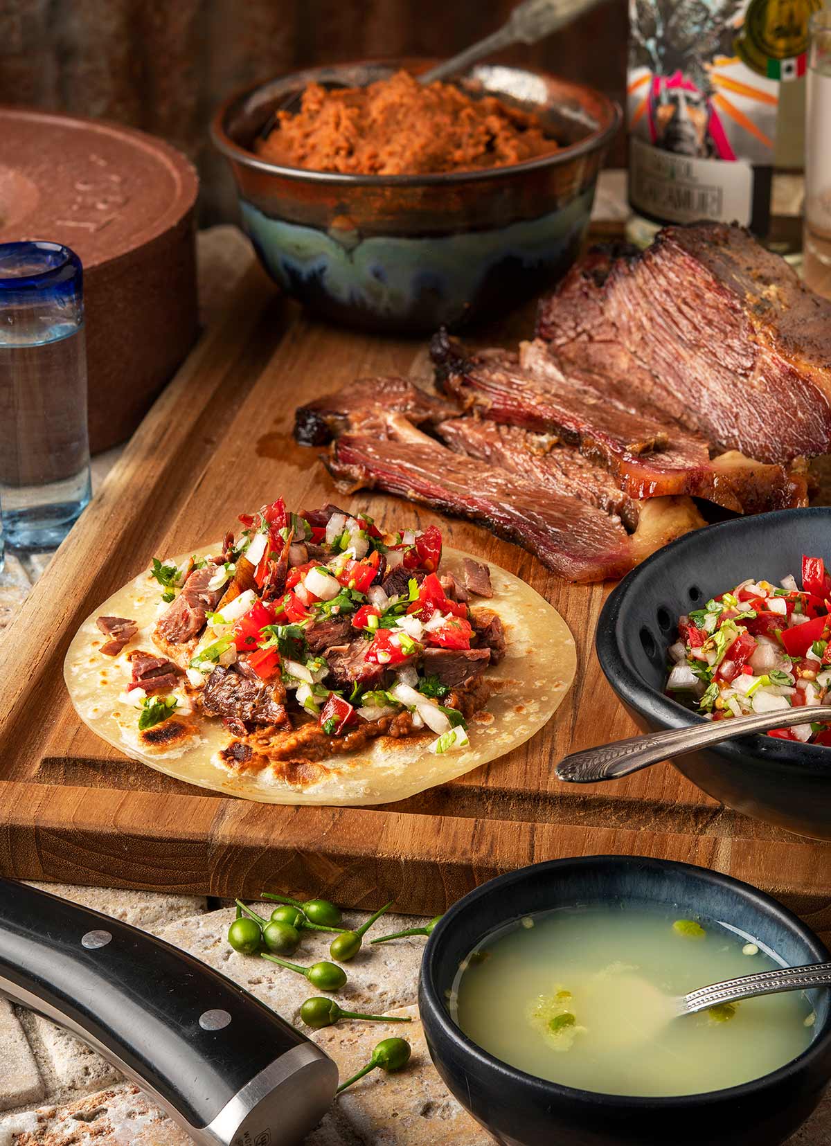 Brisket tacos on a platter. 