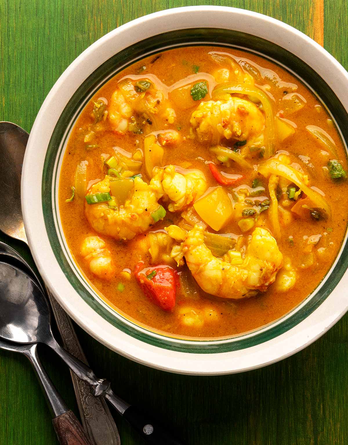 Jamaican curry shrimp in a bowl.
