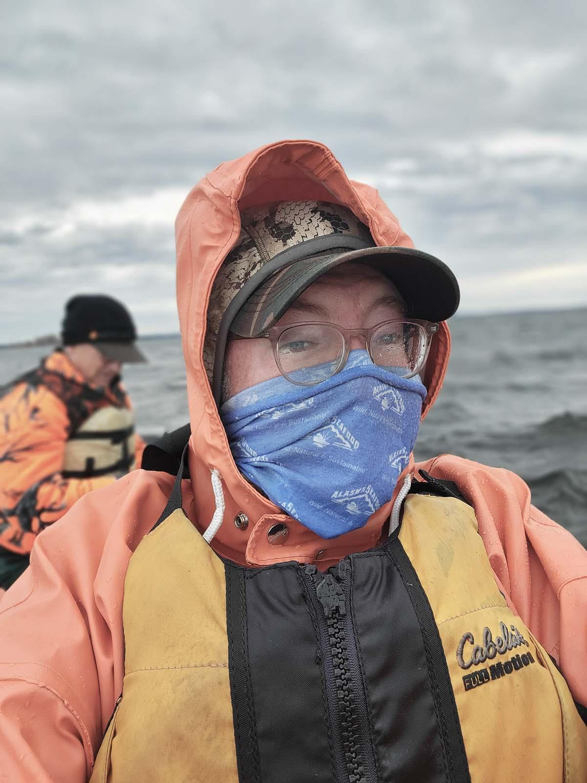 Hank Shaw bundled against the wind, cold, and spray on Lake Kabetogama. 