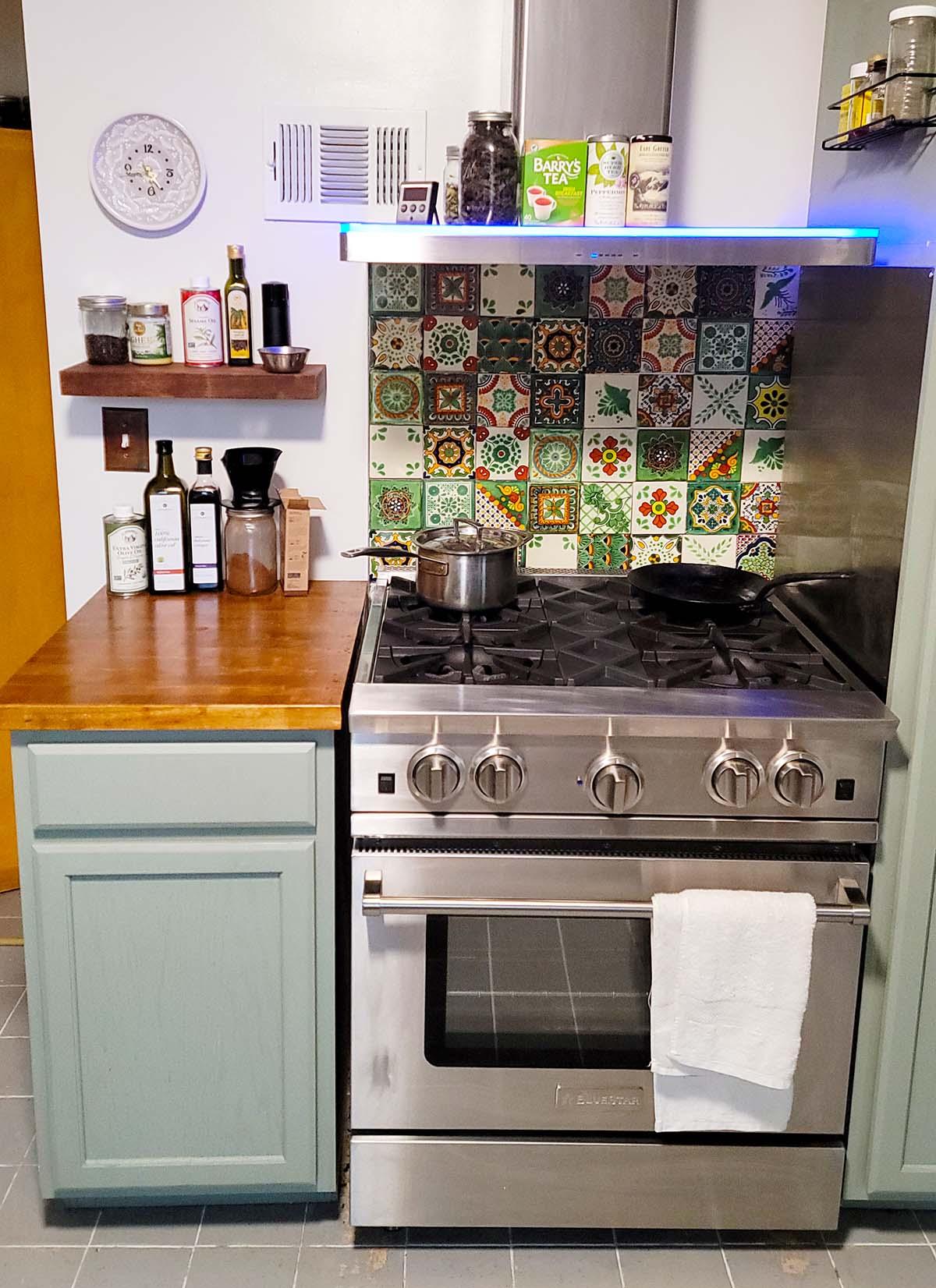 My clean kitchen, with stove and backsplash tiles. 