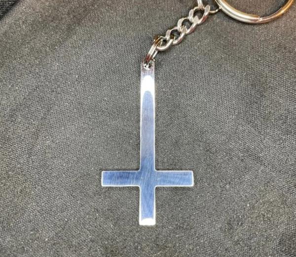 Upside Down Inverted Cross Stainless Steel Pendant Keychain Gothic Minimalist Retro Satanic Pagan Wiccan Druid Occult Darkness Jewelry - Silver