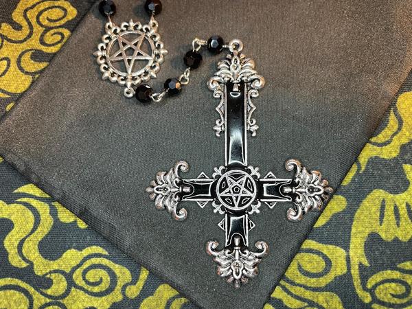 Satanic Rosary Inverted Pentagram Ornate Upside Down Cross Pendant Charm Necklace Gothic Pagan Wiccan Occult Darkness Jewelry Gift Silver Black