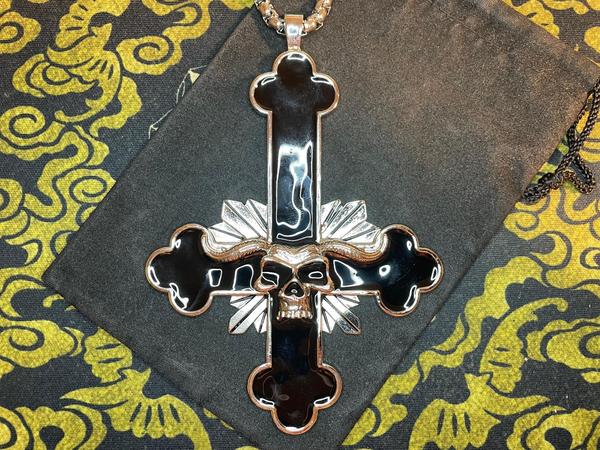 Upside Down Inverted Cross w/ Horned Skull Stainless Steel Pendant Biker Necklace Gothic Satanic Pagan Wiccan Occult Darkness Jewelry Black