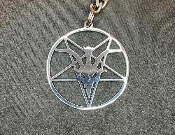 Official Satanic Temple Sigil of Baphomet Inverted Pentagram Stainless Steel Pendant Keychain Gothic Pagan Church of Satan Silver Darkness Jewelry