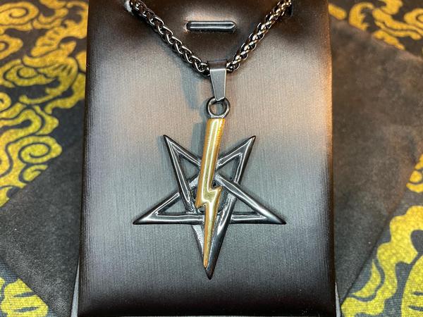 Anton LaVey Pentagram Church of Satan Lightning Bolt Stainless Steel Pendant Necklace Satanic Wicca Pagan Occult Darkness Jewelry Gift - Black & Gold