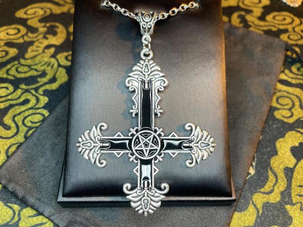 Ornate Black Inverted Upside Down Cross Pentagram Pendant Necklace Vintage Gothic Satanic Pagan Wiccan Druid Occult Darkness Jewelry Silver