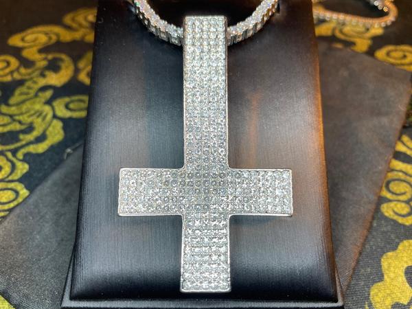 Diamond Encrusted Upside Down Inverted Cross Sterling Silver Pendant Necklace Goth Minimalist Retro Satanic Wiccan Occult Darkness Jewelry Silver