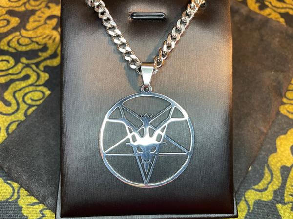 Official Satanic Temple Sigil of Baphomet Inverted Pentagram Stainless Steel Pendant Necklace Gothic Pagan Church of Satan Silver Darkness Jewelry