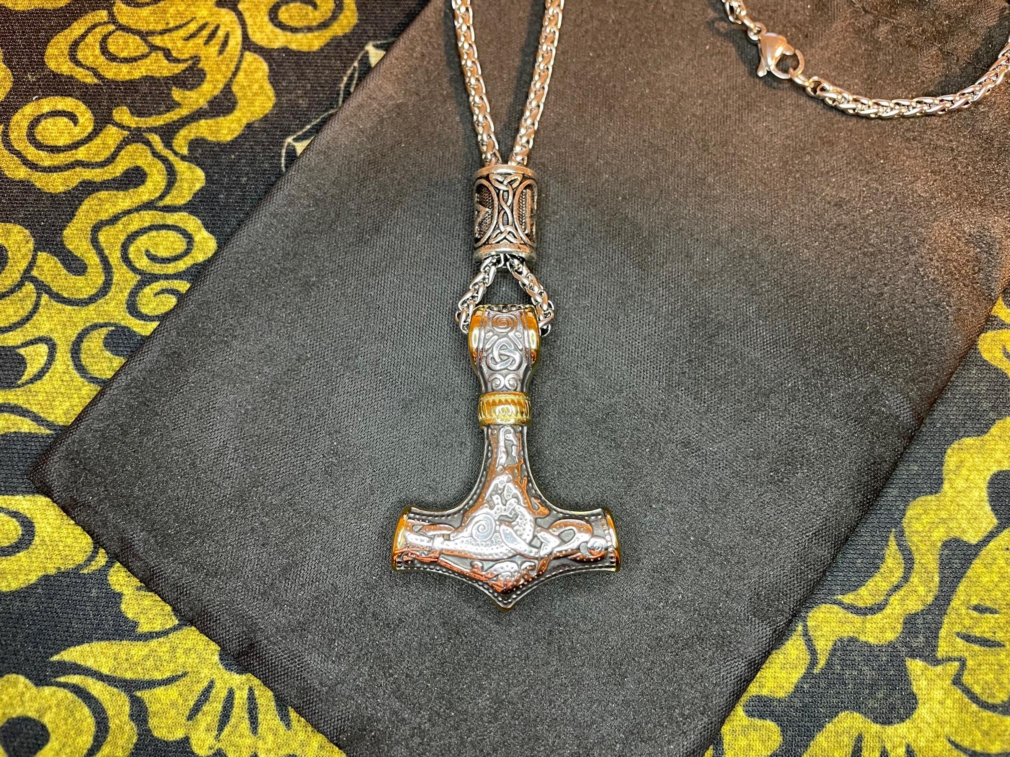norse viking thor's hammer mjolnir loki rune celtic knot steel necklace