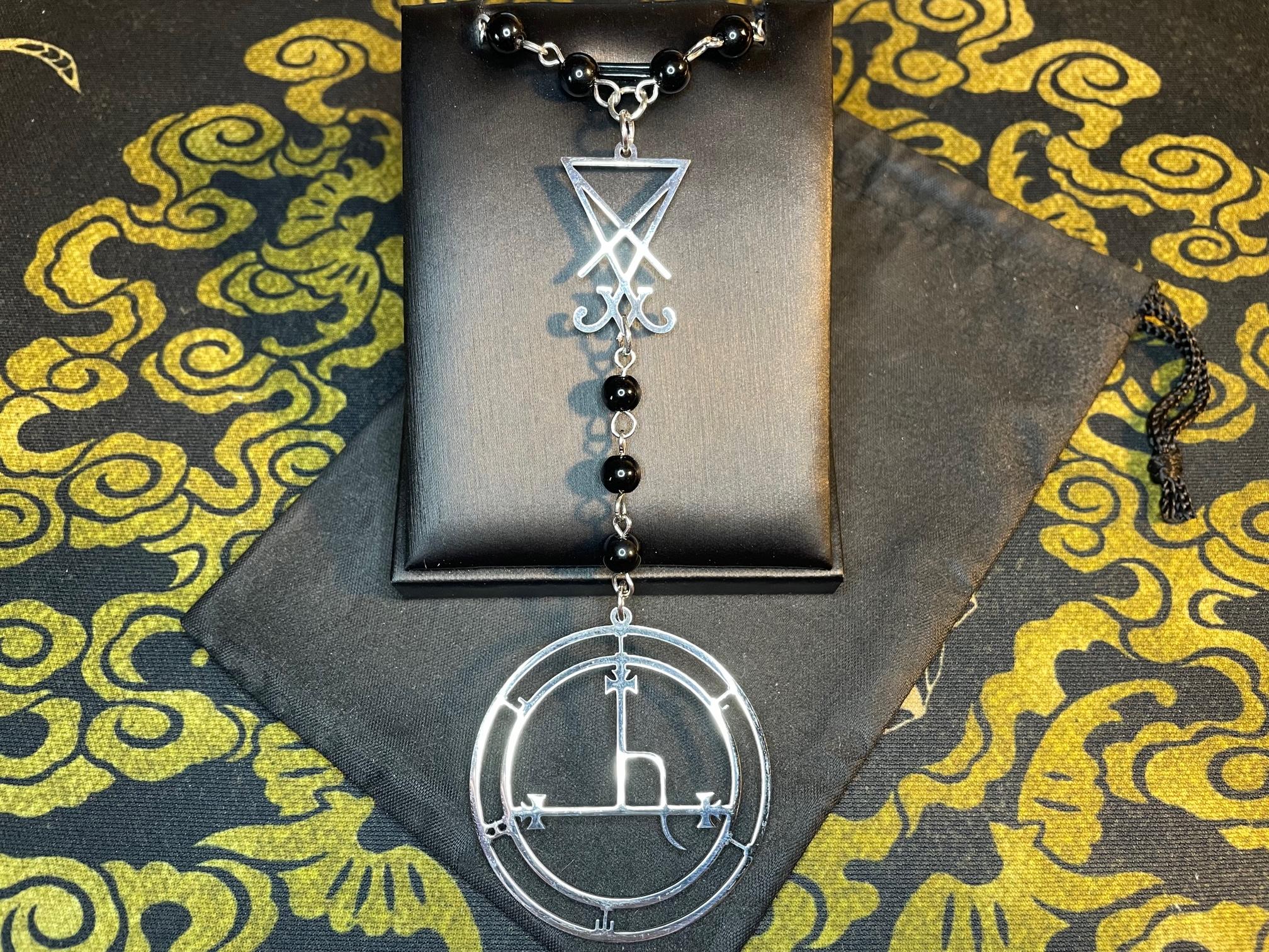 satanic rosary small beads sigil of lucifer demon lilith seal pendant witchcraft magic pagan wiccan occult necklace silver black darkness jewelry