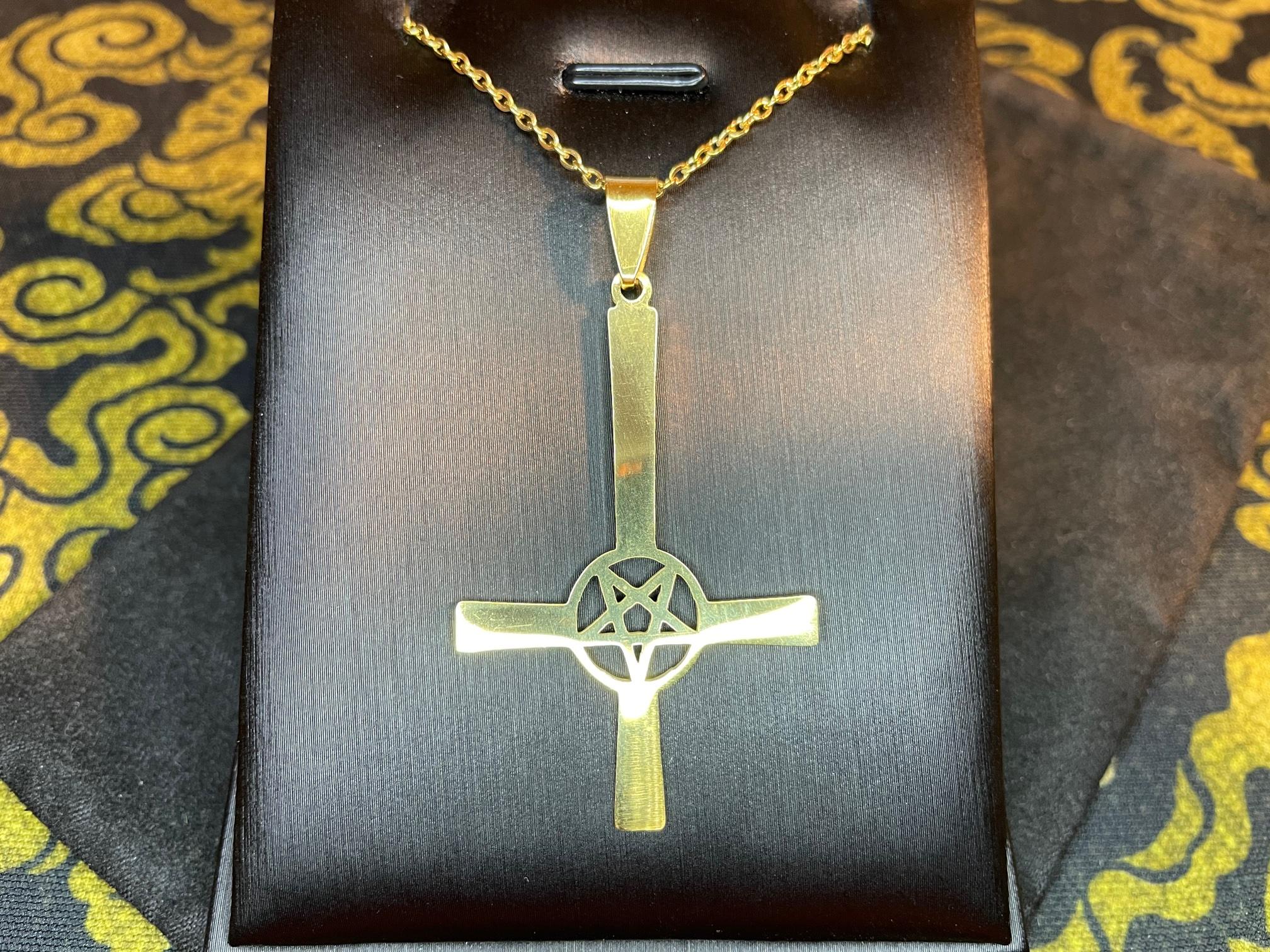 upside down cross inverted pentagram steel pendant necklace satanic wiccan gold
