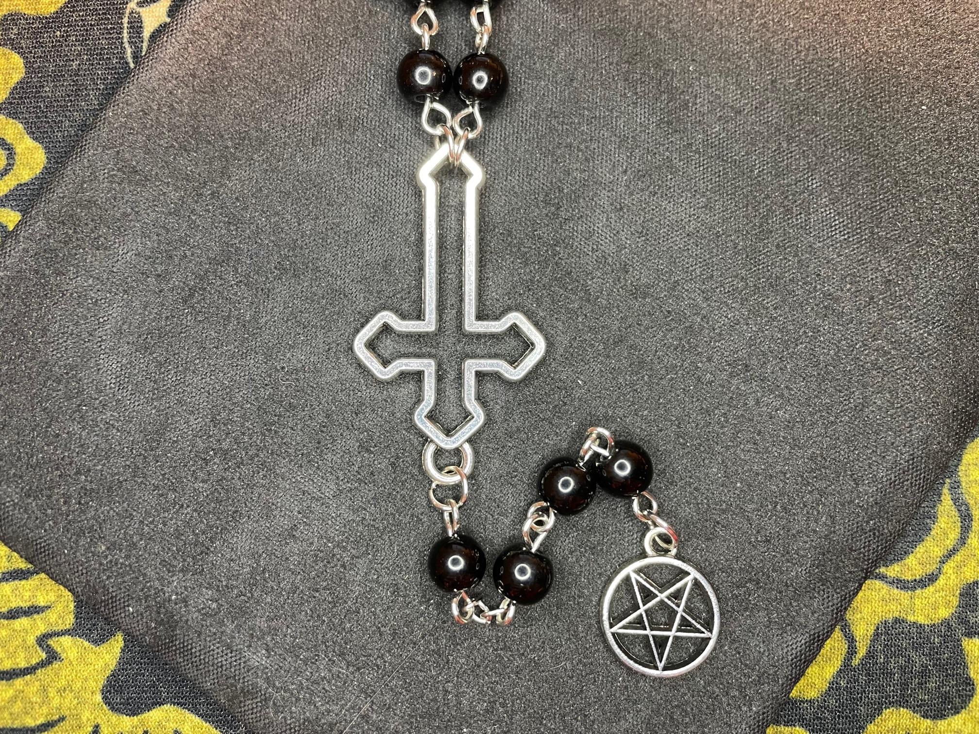 small bead satanic rosary upside down inverted cross pentagram pendant black magic necklace