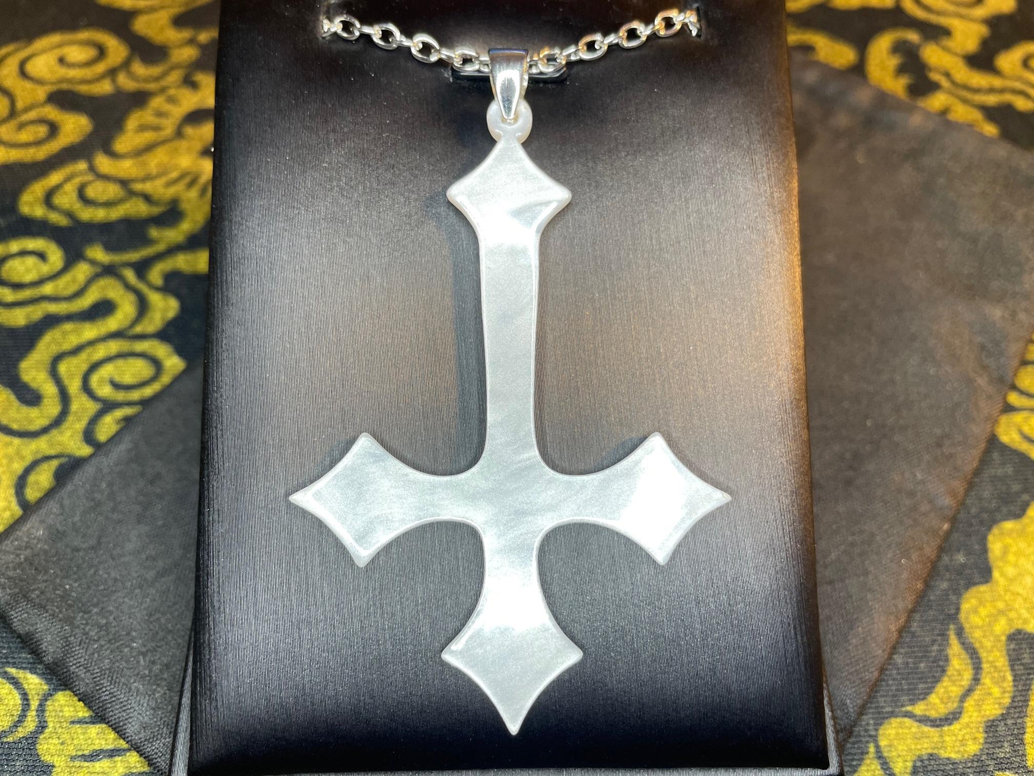 white swirled acrylic inverted upside down cross pendant necklace vintage gothic satanic wiccan occult darkness jewelry