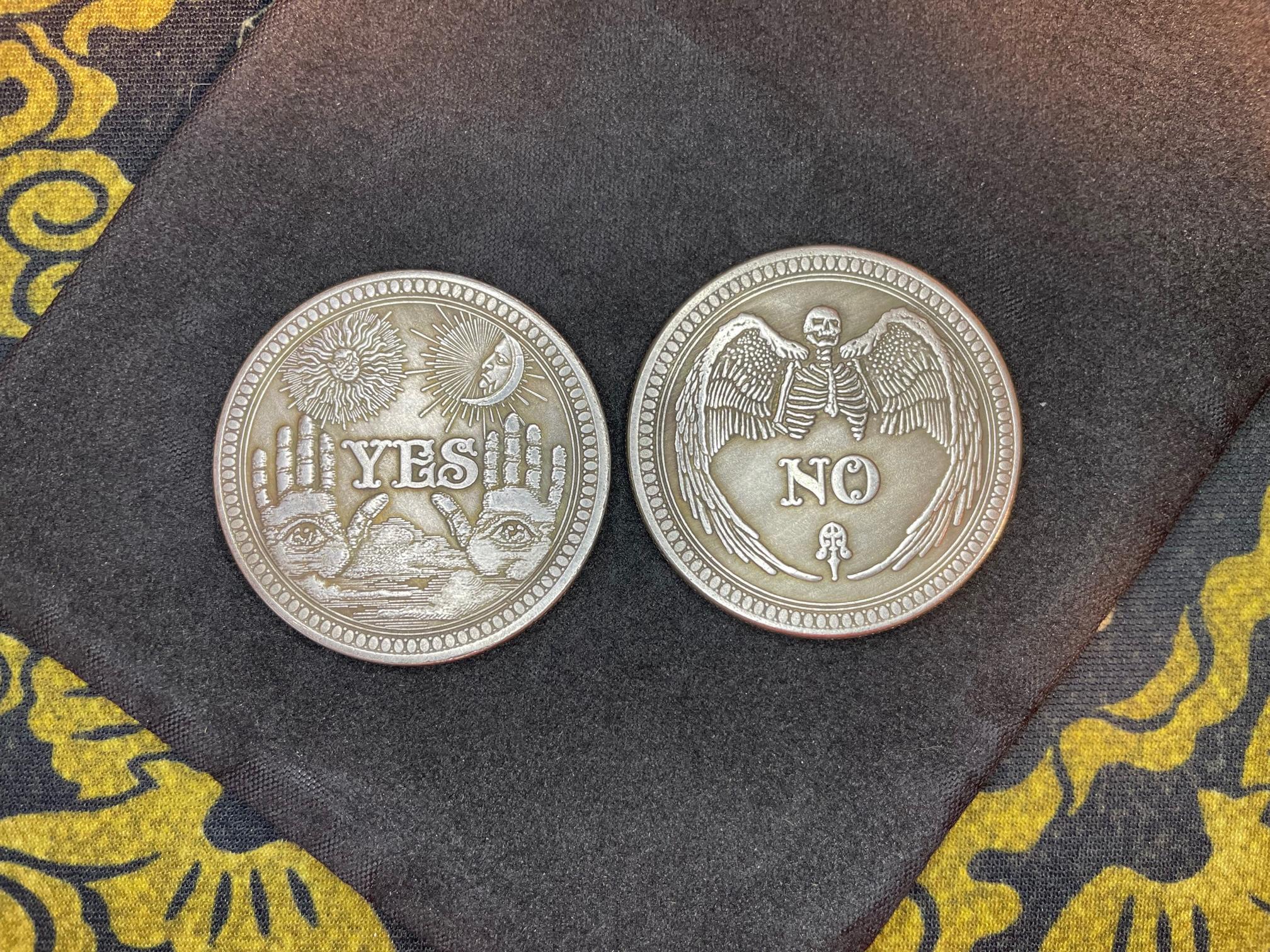 yes no decision prediction coin all seeing eye sun crescent moon skeleton skull death angel