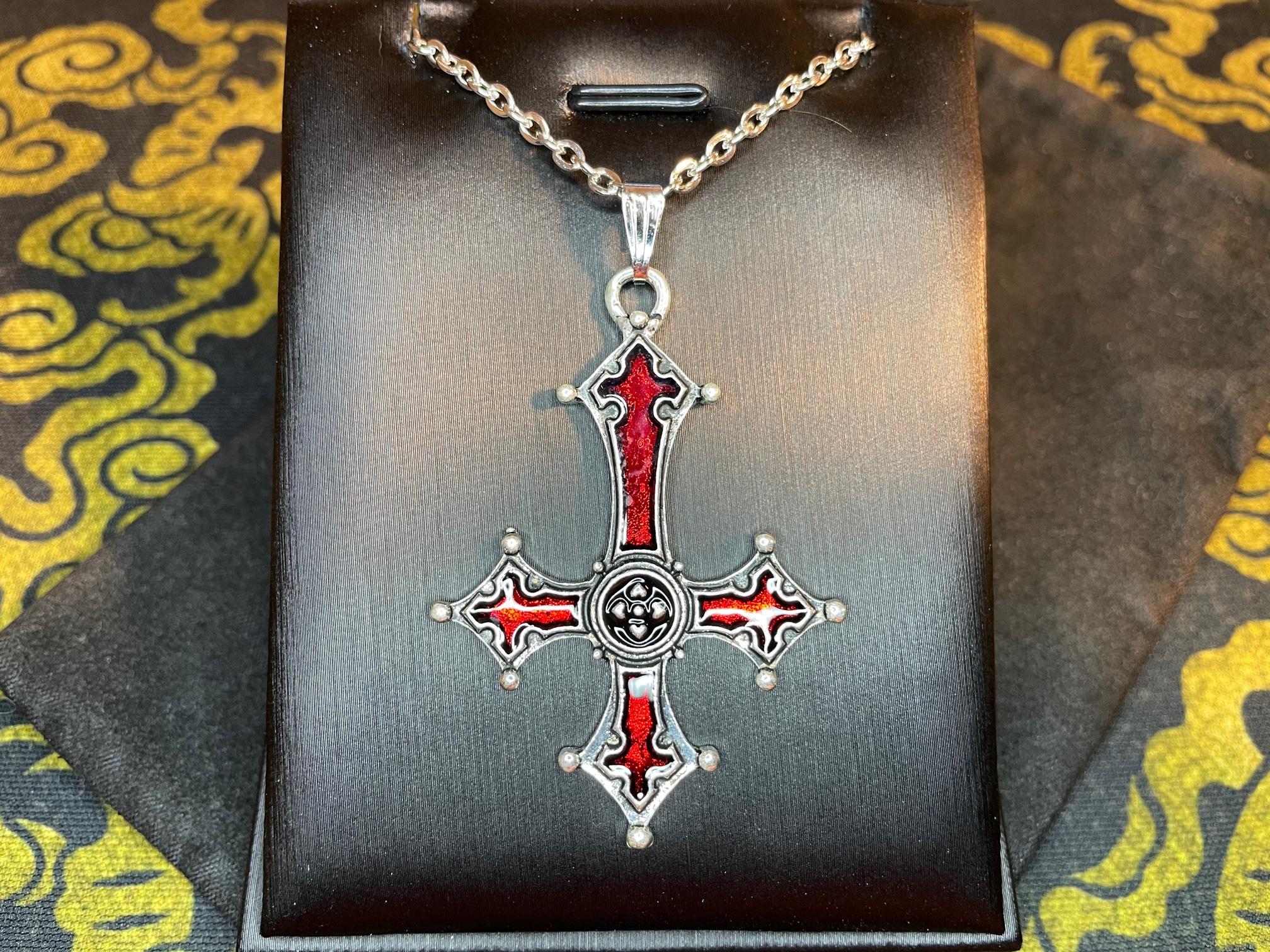 red crimson bloody inverted upside down cross pendant necklace