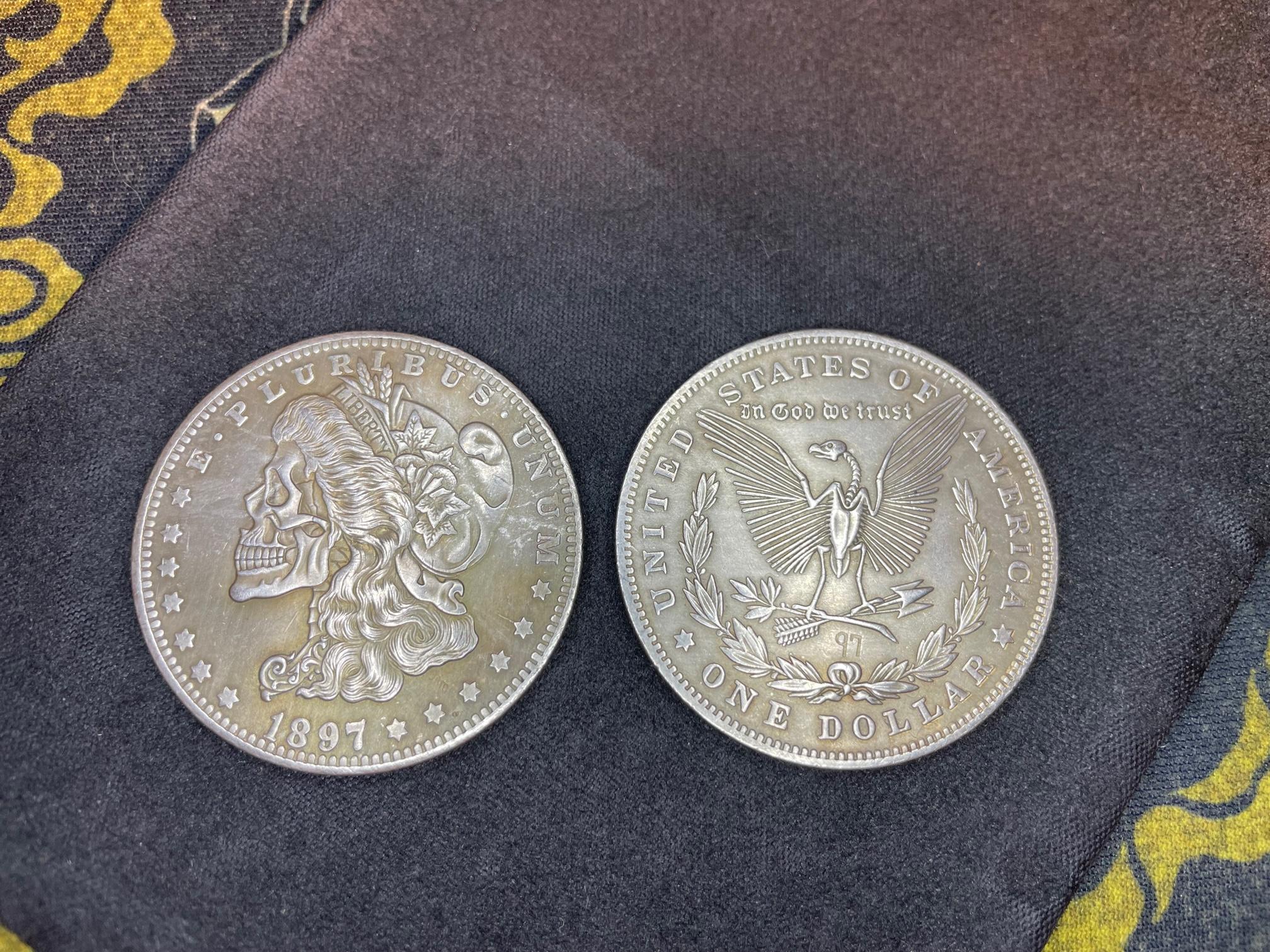 skeletonized custom morgan dollar 1897 mint coin usa liberty eagle star skull death angel