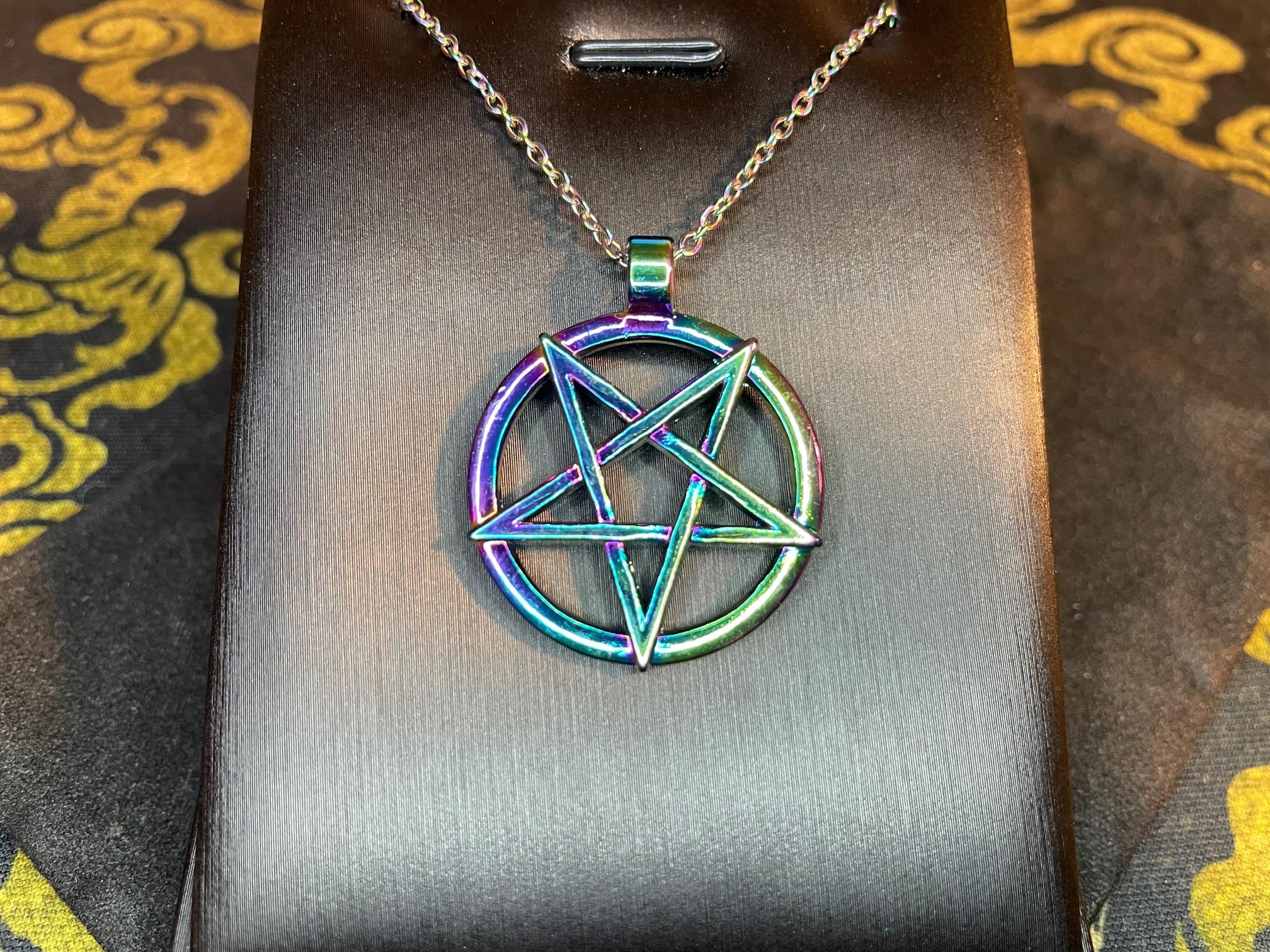 inverted pentagram circle rainbow stainless steel pendant necklace satanic wiccan pagan church temple jewelry prism