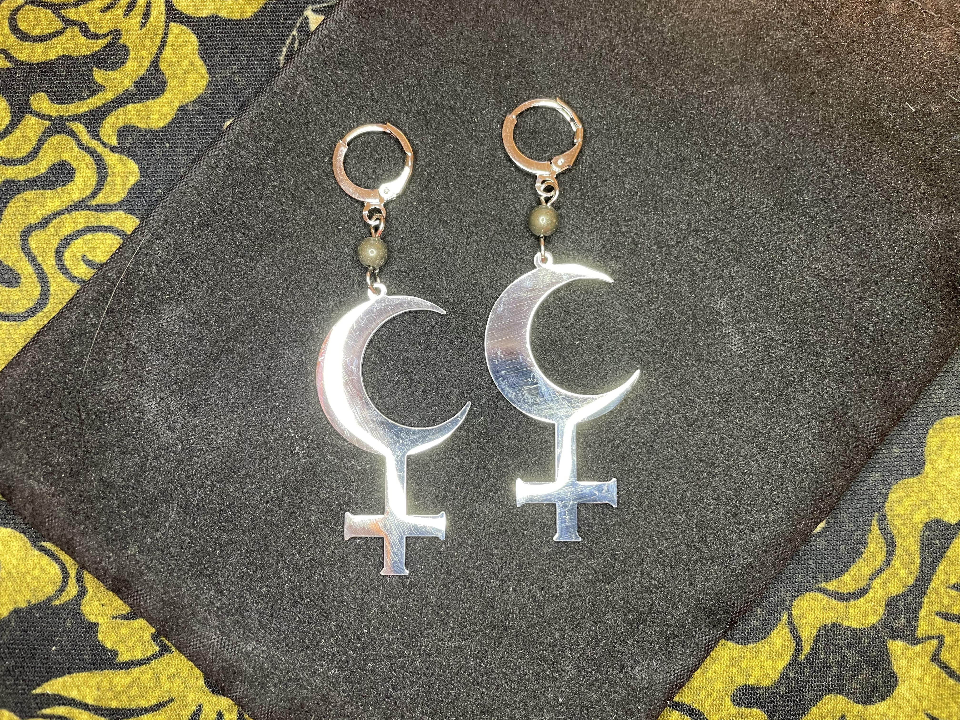 lilith symbol crescent moon inverted upside down cross stainless steel earrings