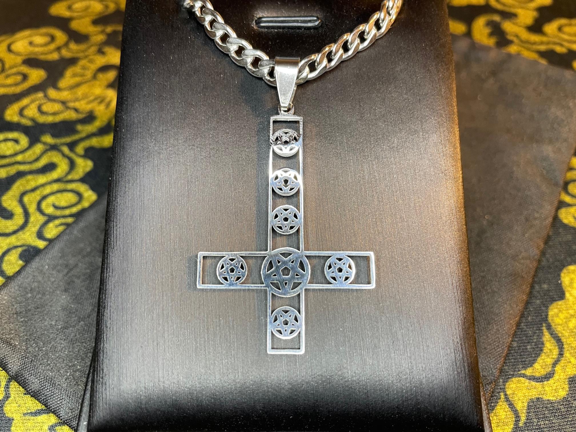 upside down inverted cross pentagram stainless steel gothic pendant necklace gift for men women satanic wiccan occult darkness jewelry silver
