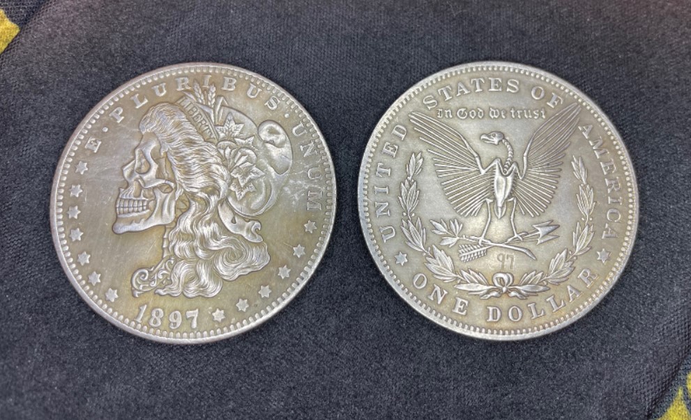 Skeletonized Custom Morgan Dollar 1897 Mint Coin USA Liberty Eagle Star Skull Death Angel Gothic Pagan Wiccan Satanic Occult Magic Ritual Darkness Jewelry