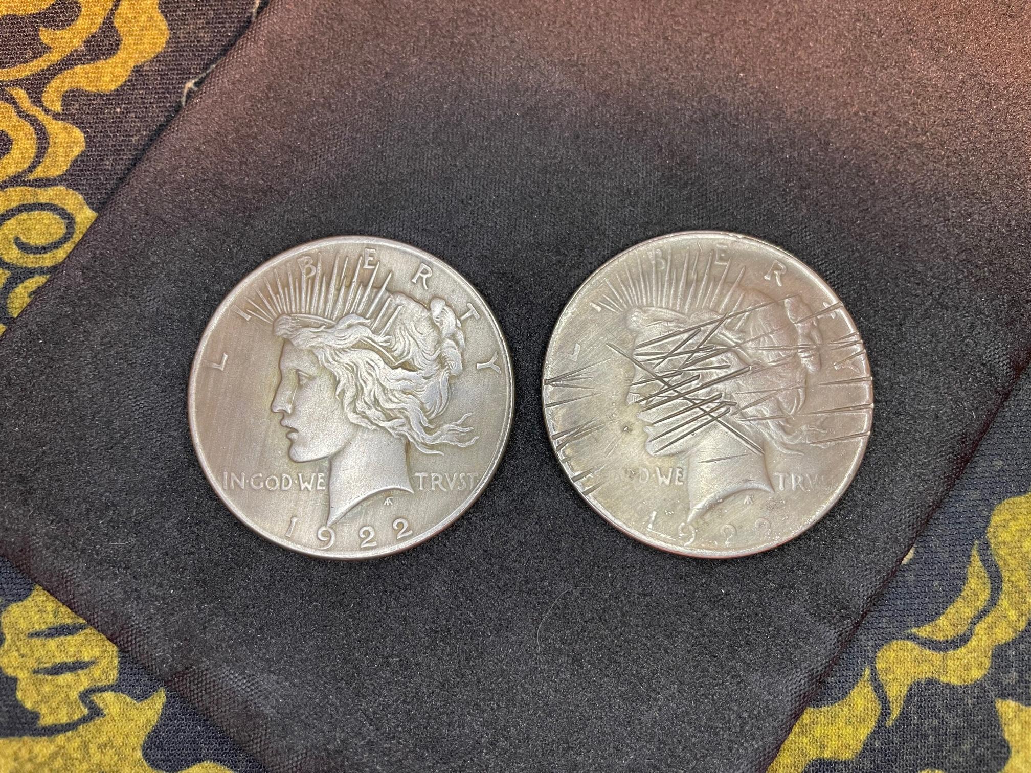 two-face flip decision double-sided heads coin 1922 peace dollar lady liberty batman joker harvey dent gotham occult
