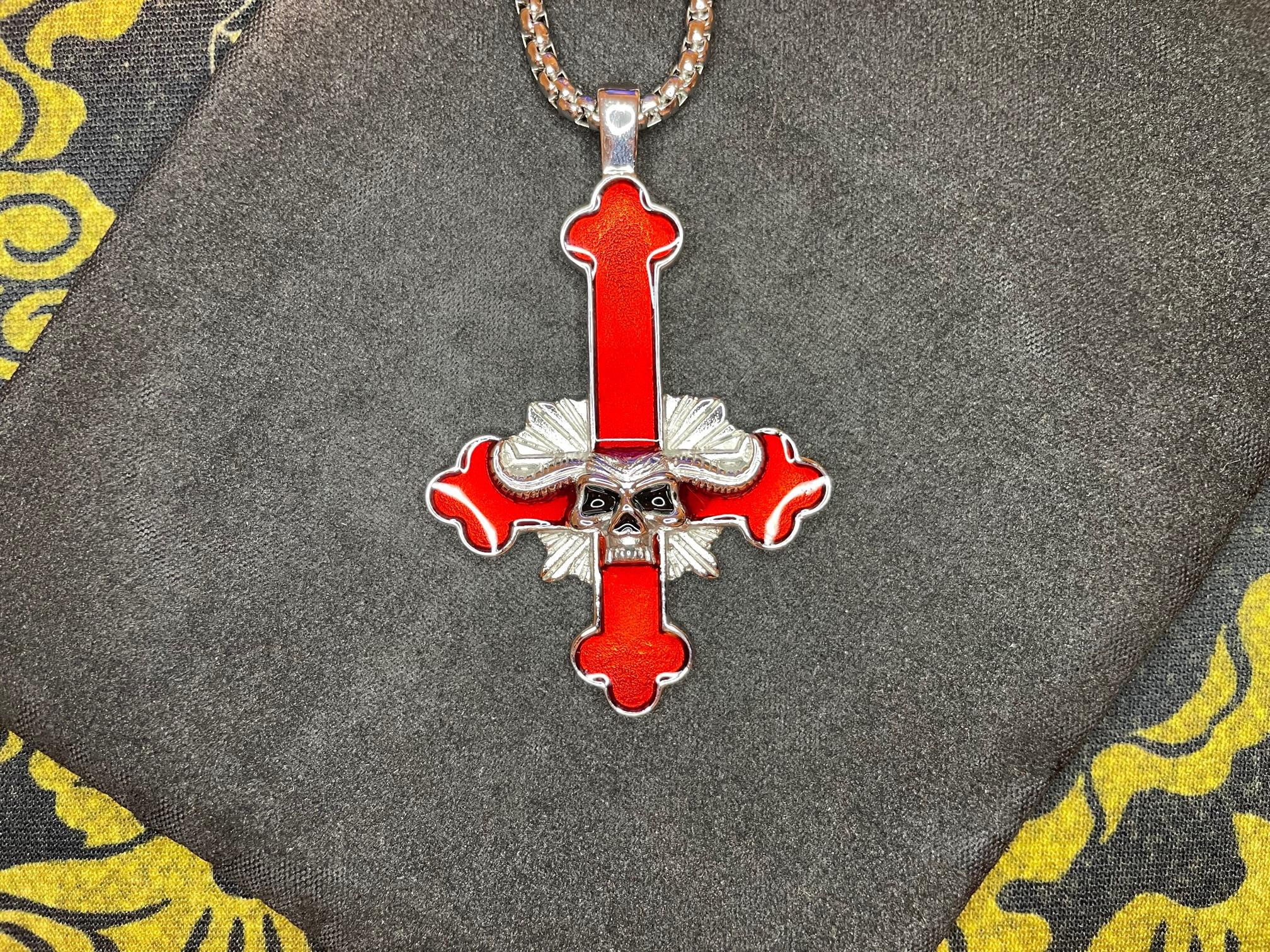 Upside Down Inverted Cross w/ Horned Skull Stainless Steel Pendant Biker Necklace