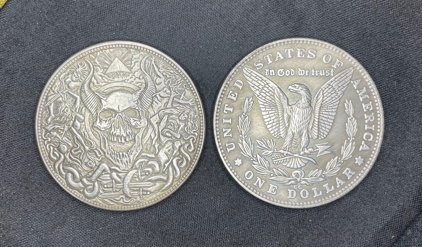 laughing demon skull morgan dollar hobo nickel mint coin usa liberty skeleton eagle death angel goth pagan wicca satanic occult darkness jewelry