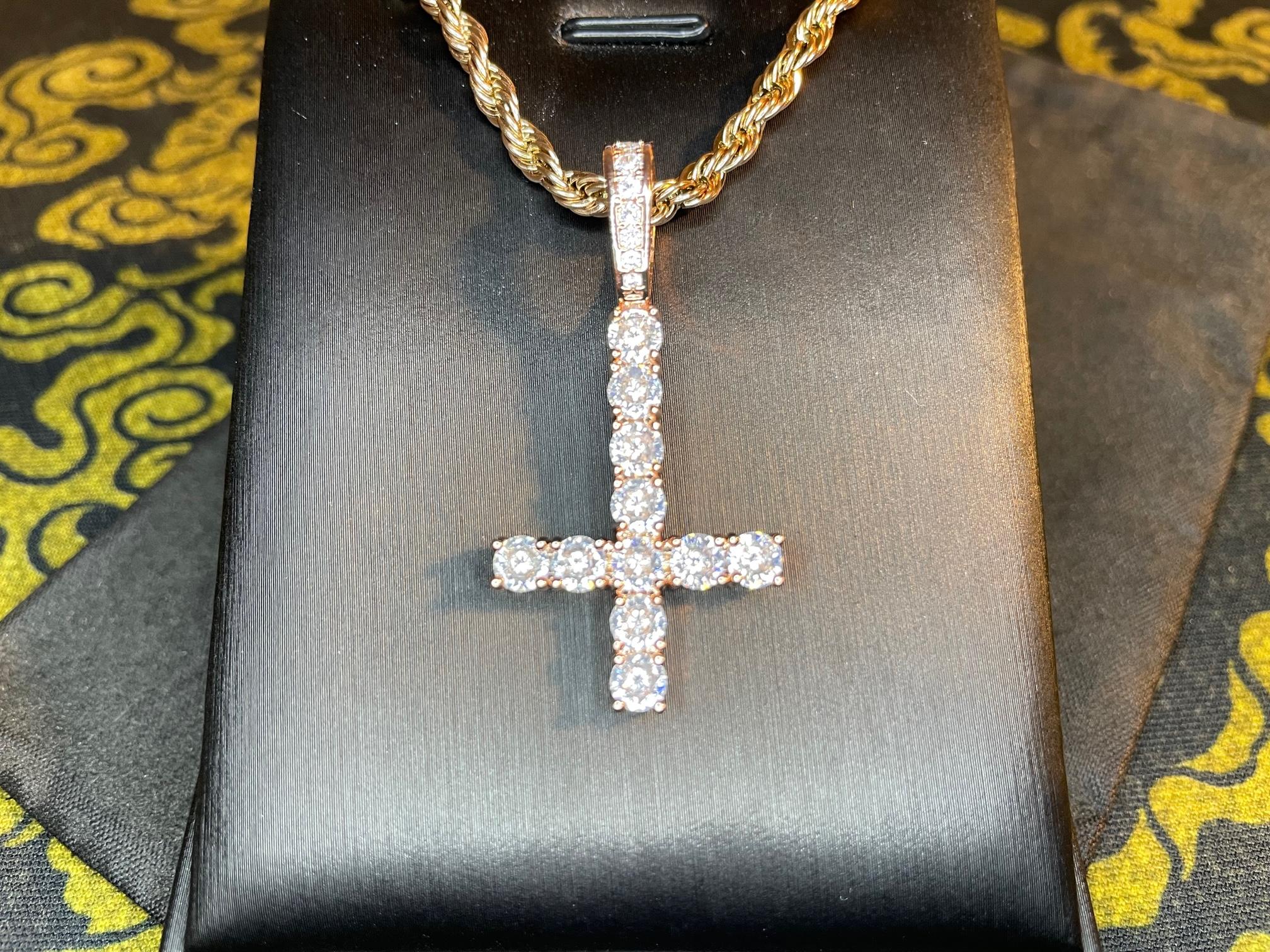 diamond upside down inverted cross rose gold pendant rope necklace goth minimalist retro satanic pagan wiccan occult darkness jewelry