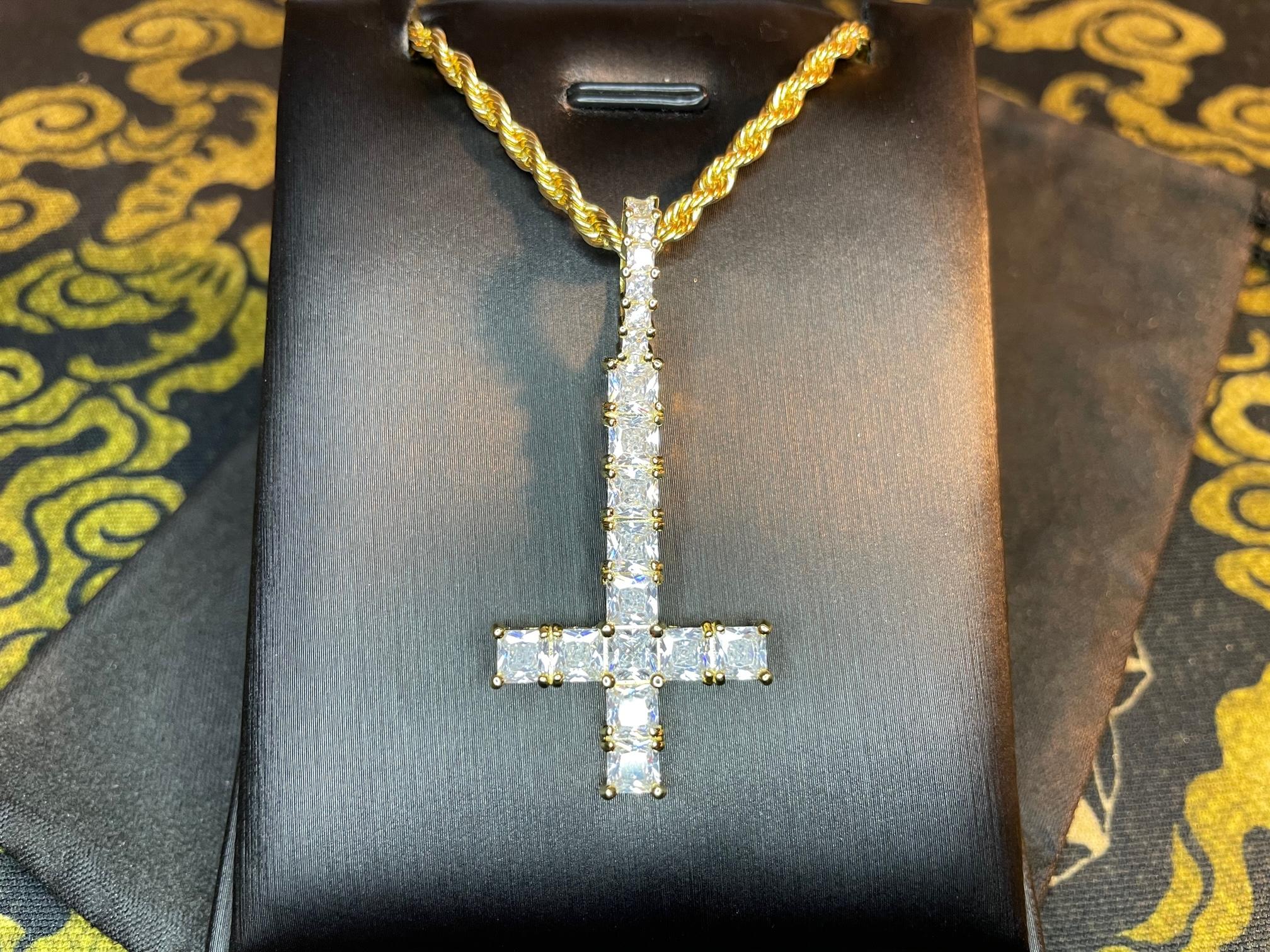 diamond upside down inverted cross 14k gold pendant rope necklace goth minimalist retro satanic pagan wiccan occult darkness jewelry