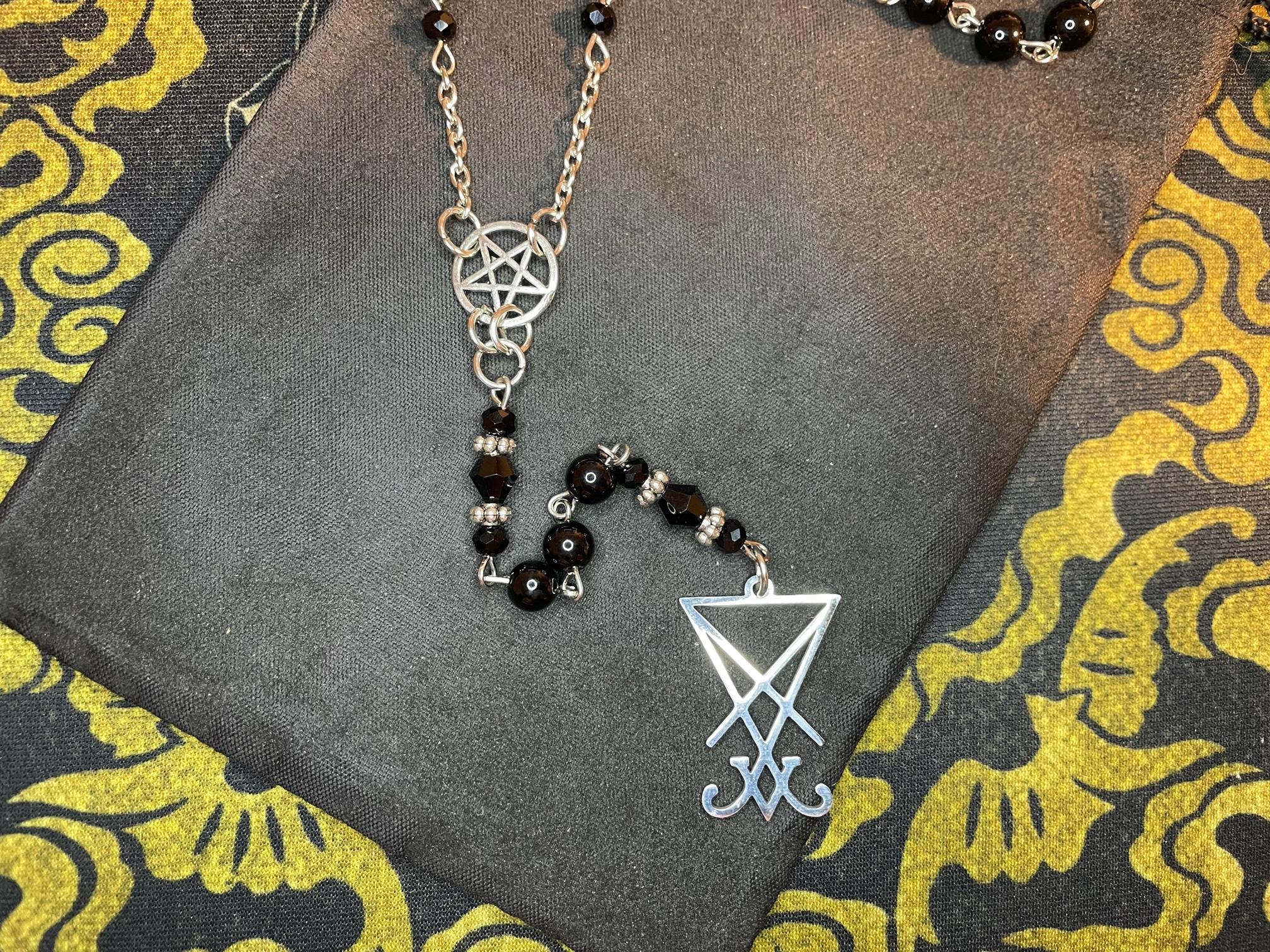 satanic rosary inverted pentagram sigil of lucifer pendant small beads necklace