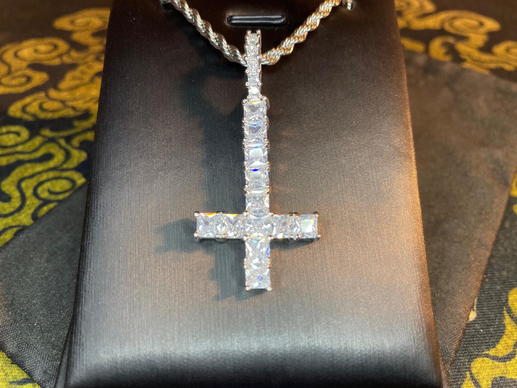 diamond upside down cross inverted sterling silver zircon diamond pendant necklace minimalist retro satanic wiccan occult darkness jewelry