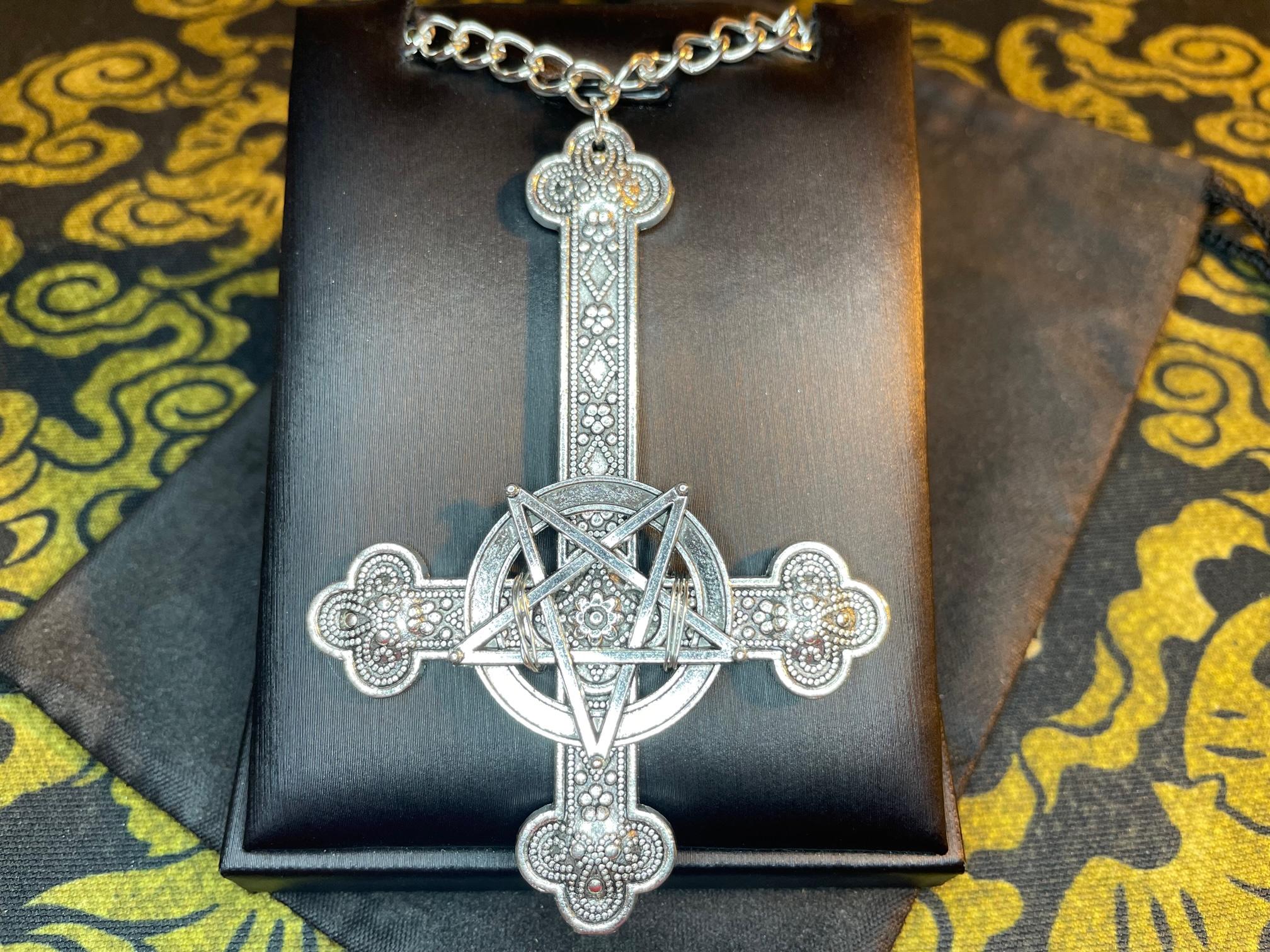 large ornate upside down cross inverted pentagram crucifix aluminum pendant necklace gothic satanic wiccan pagan occult darkness jewelry silver