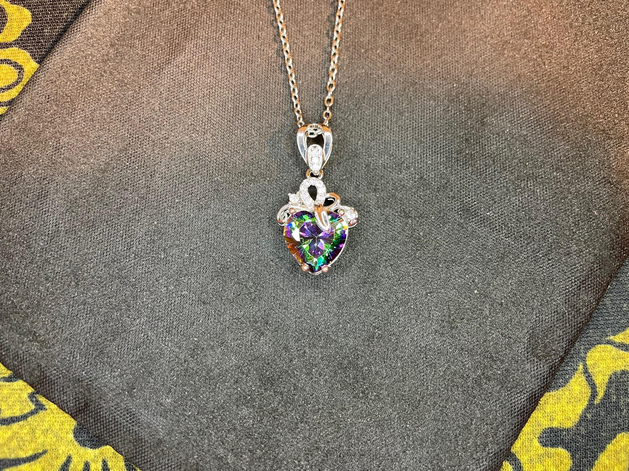 black opal rainbow prismatic diamond heart sterling silver pendant necklace occult jewelry