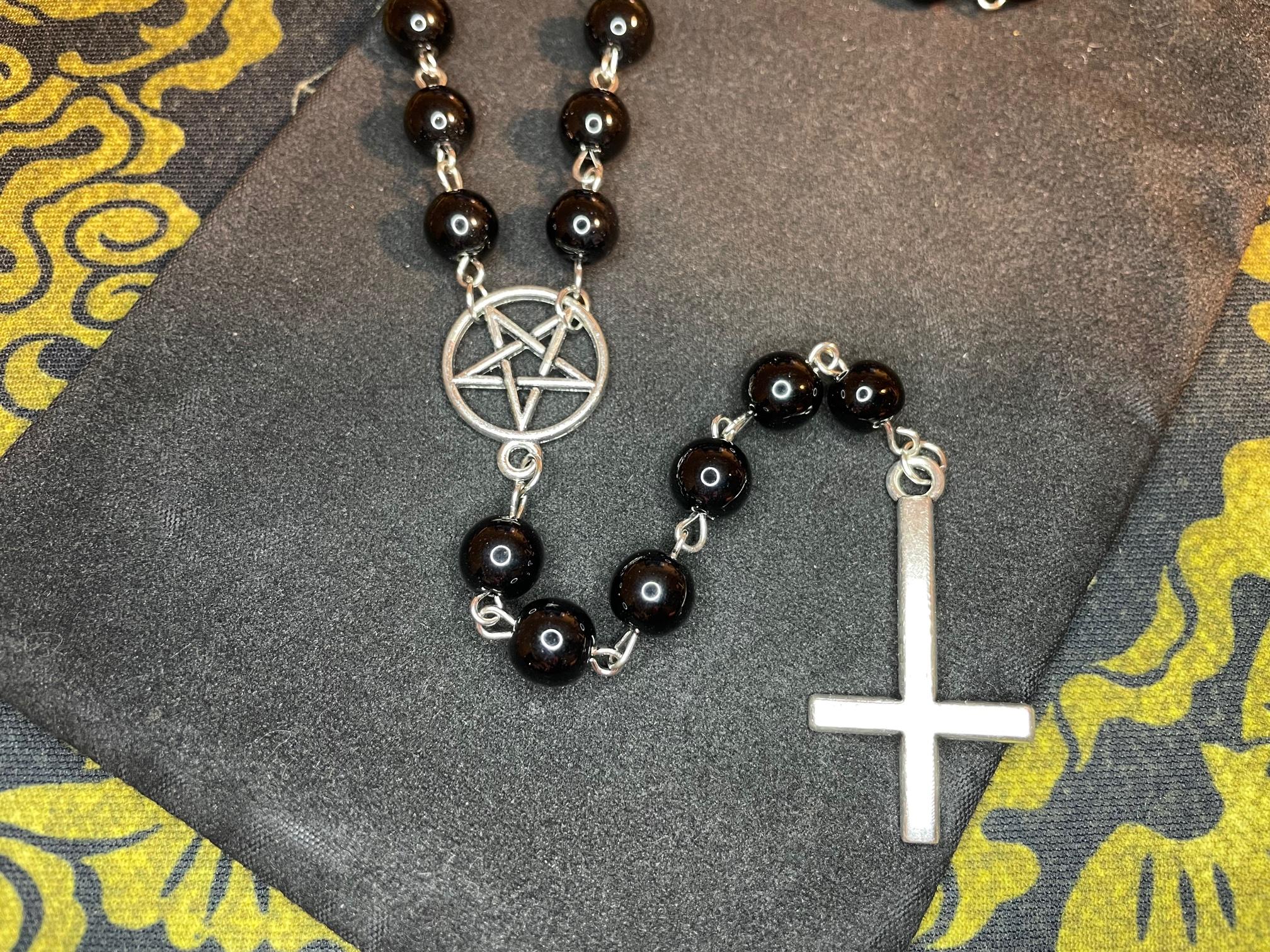 satanic rosary inverted pentagram upside down cross pendant necklace