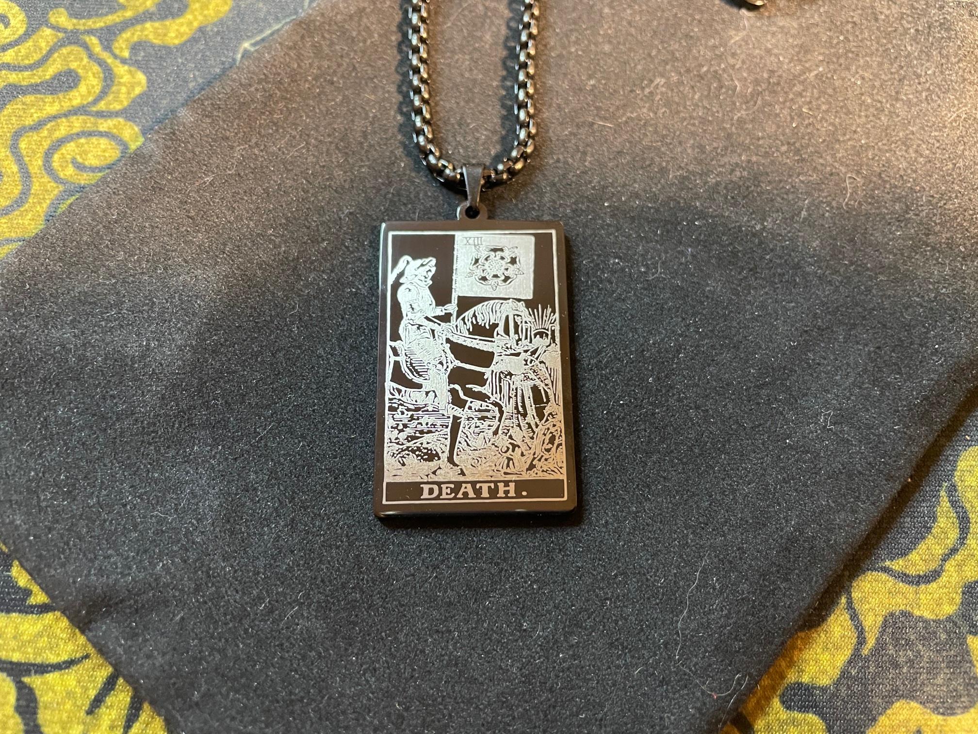 death tarot card necklace rider waite deck laser engraved stainless steel pendant