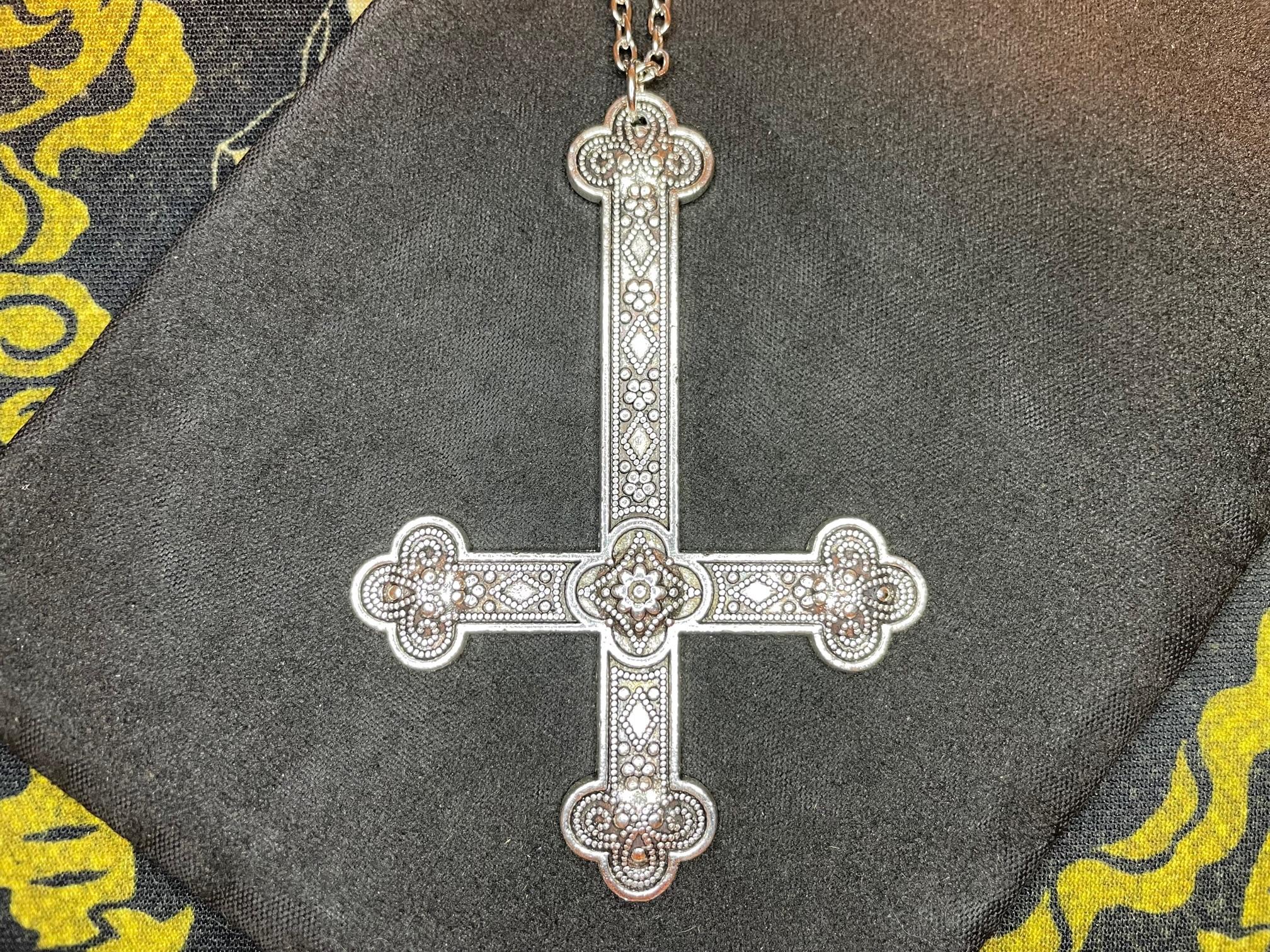 large ornate upside down cross inverted crucifix hand-poured aluminum pendant necklace