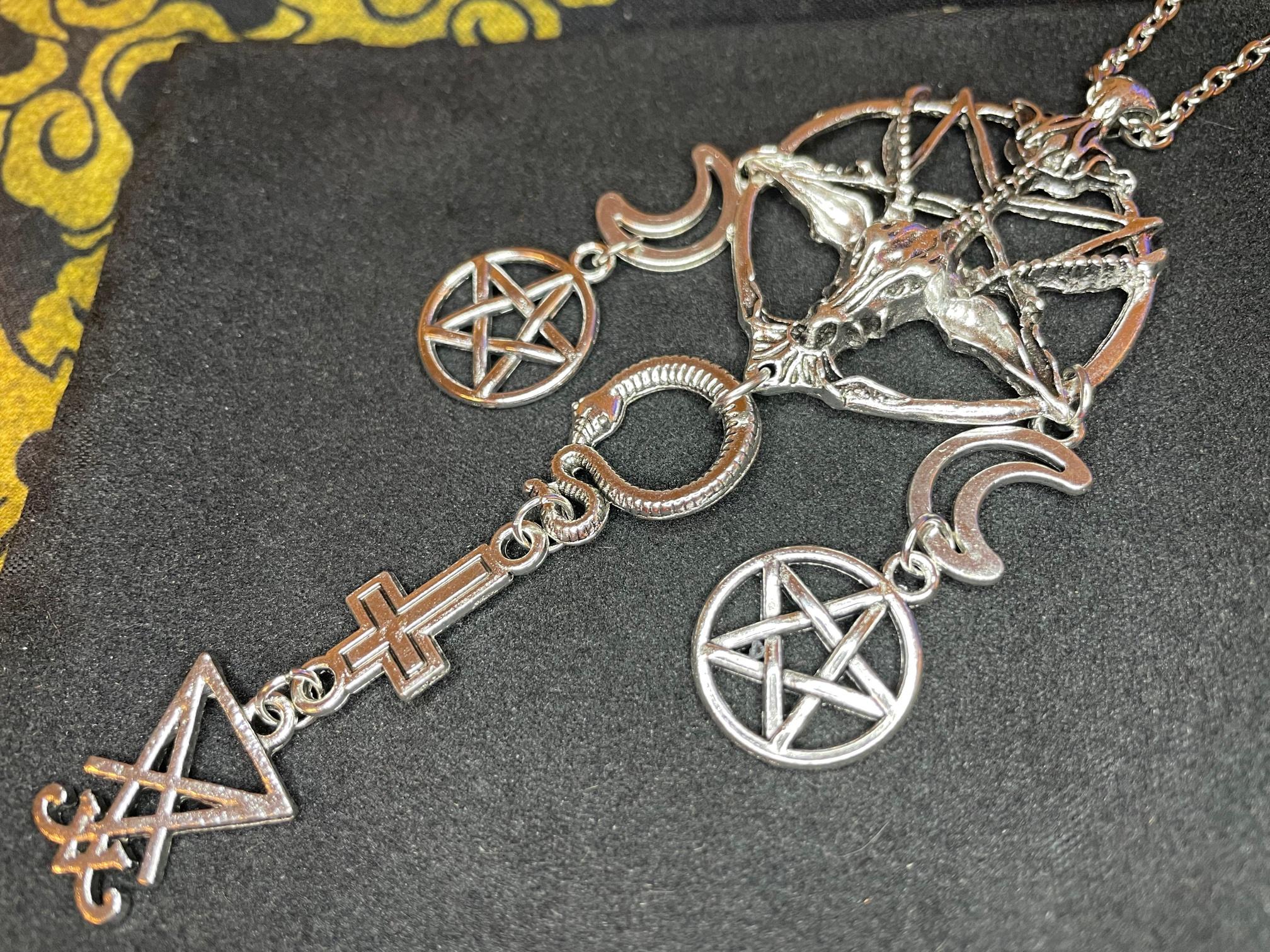 satanic baphomet sigil of lucifer pentagram crescent moon inverted pentagram snake upside down cross necklace