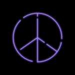 Purple neon peace sign on black background