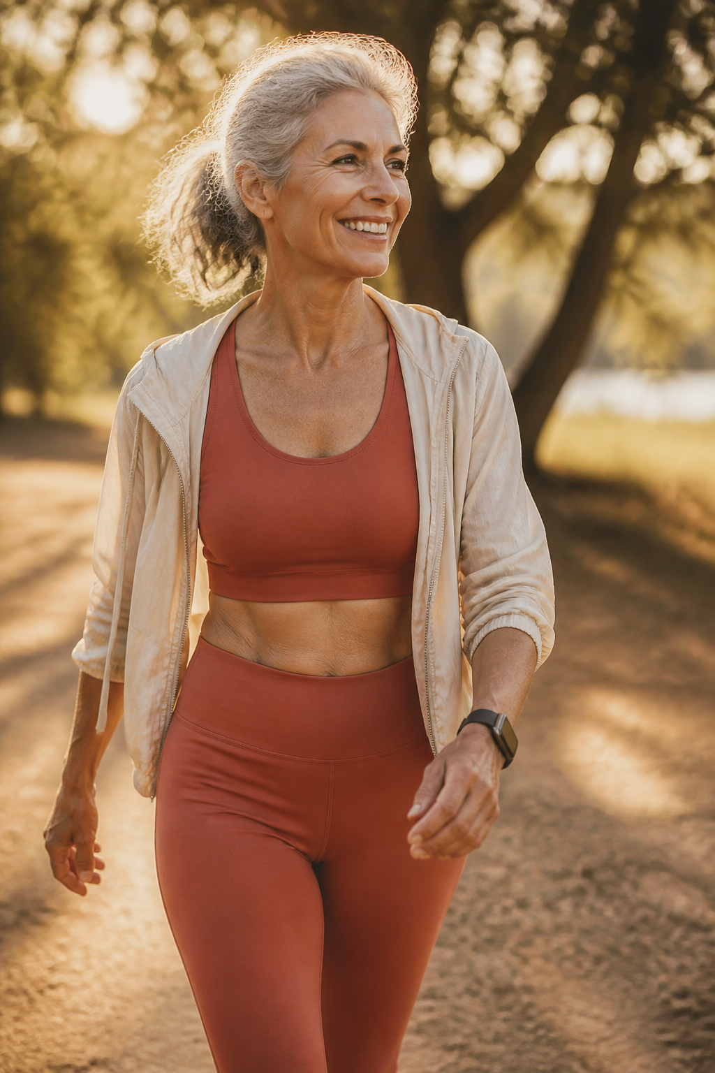 Confident, active woman in her fifties walking outdoors in warm morning light