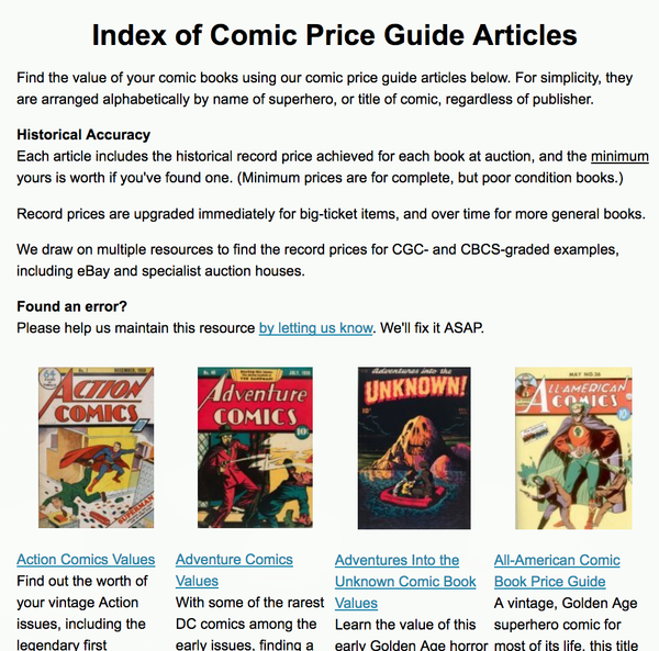 There's a page on our site which links EVERY price guide article we've published